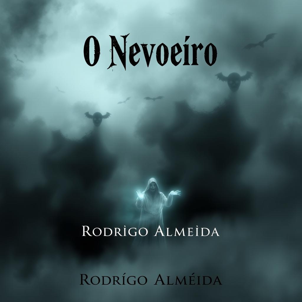 A sinister book cover for a paranormal horror novel titled 'O Nevoeiro' by Rodrigo Almeida