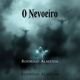 A sinister book cover for a paranormal horror novel titled 'O Nevoeiro' by Rodrigo Almeida