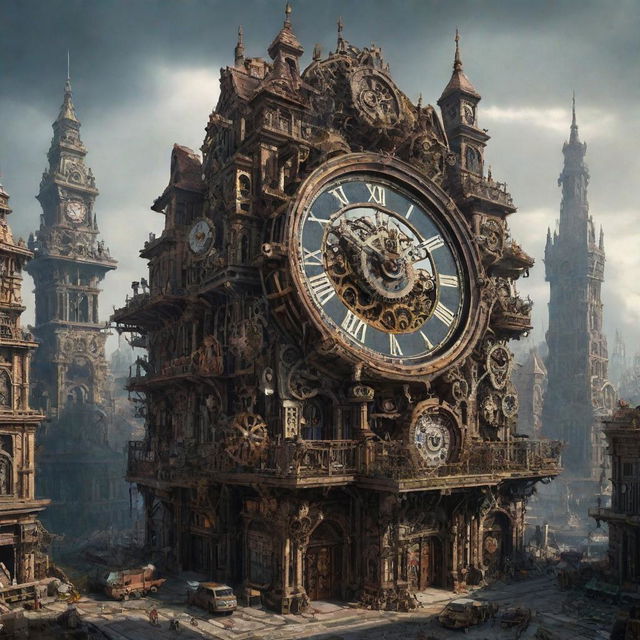 Picture a majestic clockpunk city, 300,000 years in the future. The intricately designed buildings, full of gears and mechanical marvels, now starting to collapse, silently stand against advancing wilderness, creating a fascinating blend of manmade entropy and organic order.