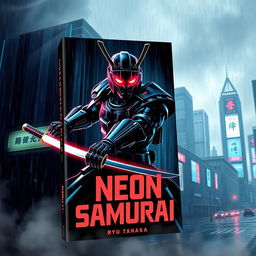 A striking book cover design for 'Neon Samurai' by Ryu Tanaka, featuring a futuristic noir aesthetic