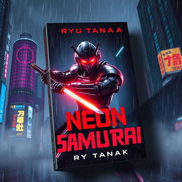 A striking book cover design for 'Neon Samurai' by Ryu Tanaka, featuring a futuristic noir aesthetic