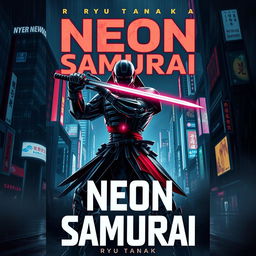 A striking book cover design for 'Neon Samurai' by Ryu Tanaka, featuring a futuristic noir aesthetic