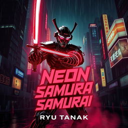 A striking book cover design for 'Neon Samurai' by Ryu Tanaka, featuring a futuristic noir aesthetic