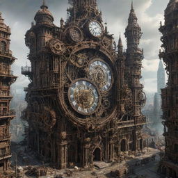 Picture a majestic clockpunk city, 300,000 years in the future. The intricately designed buildings, full of gears and mechanical marvels, now starting to collapse, silently stand against advancing wilderness, creating a fascinating blend of manmade entropy and organic order.