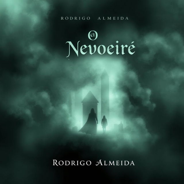 An eerie book cover for a paranormal horror novel titled 'O Nevoeiro' by Rodrigo Almeida