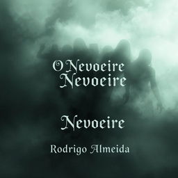 An eerie book cover for a paranormal horror novel titled 'O Nevoeiro' by Rodrigo Almeida