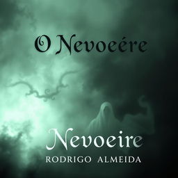 An eerie book cover for a paranormal horror novel titled 'O Nevoeiro' by Rodrigo Almeida