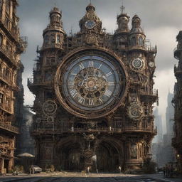 Picture a majestic clockpunk city, 300,000 years in the future. The intricately designed buildings, full of gears and mechanical marvels, now starting to collapse, silently stand against advancing wilderness, creating a fascinating blend of manmade entropy and organic order.