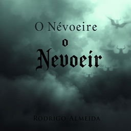 A haunting book cover for a paranormal horror novel titled 'O Nevoeiro' by Rodrigo Almeida