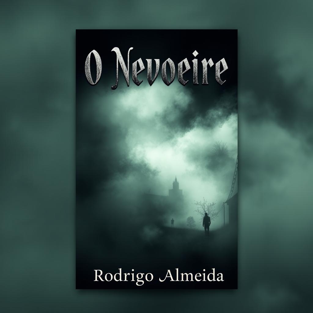 A haunting book cover for a paranormal horror novel titled 'O Nevoeiro' by Rodrigo Almeida