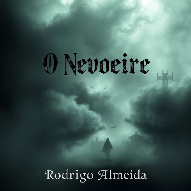 A haunting book cover for a paranormal horror novel titled 'O Nevoeiro' by Rodrigo Almeida