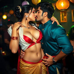 A sensual woman named Nushrat Bharucha, embodying the character of a sexy Jasmine, adorned with rich fabric and accents in her costume, complemented by striking red lipstick