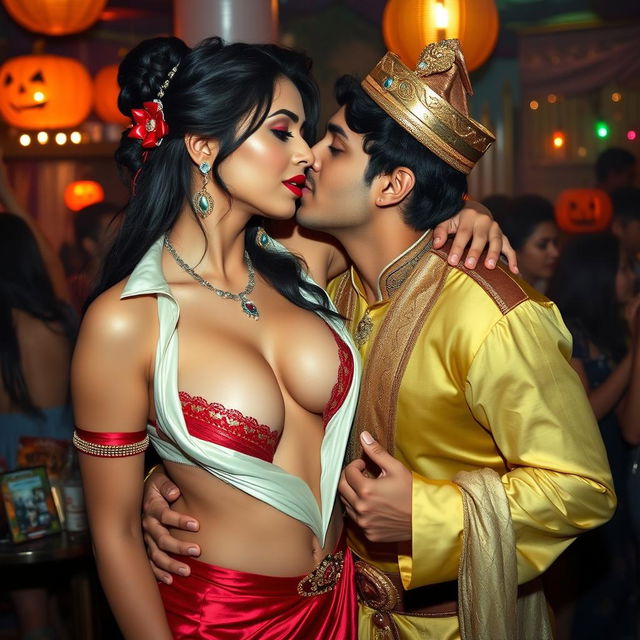 A sensual woman named Nushrat Bharucha, embodying the character of a sexy Jasmine, adorned with rich fabric and accents in her costume, complemented by striking red lipstick