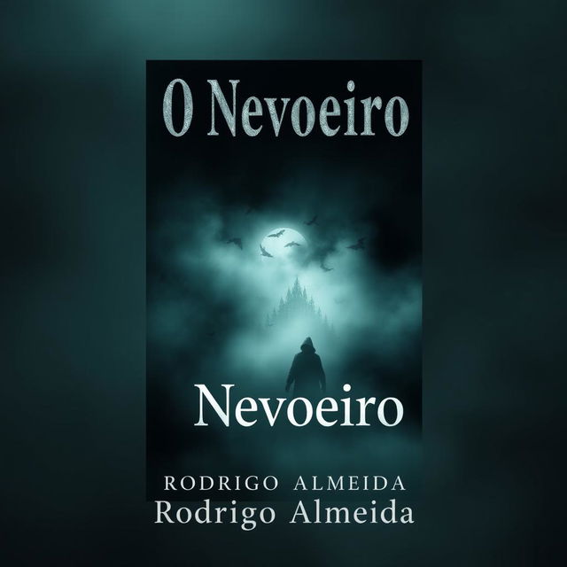 A chilling book cover for a paranormal horror novel titled 'O Nevoeiro' by Rodrigo Almeida