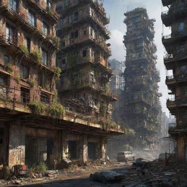 Envision a once majestic mechanicpunk city, 300,000 years later. Buildings trembling on the brink of collapse, slowly surrendering to the relentless embrace of nature. A fusion of decaying mechanisms, crumbling infrastructure and a thriving ecosystem paints a scene of a dramatic time transition.