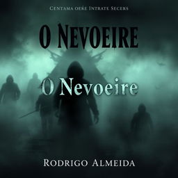 A chilling book cover for a paranormal horror novel titled 'O Nevoeiro' by Rodrigo Almeida