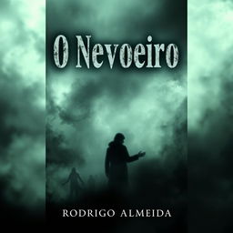 A chilling book cover for a paranormal horror novel titled 'O Nevoeiro' by Rodrigo Almeida