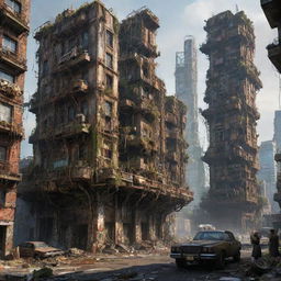 Envision a once majestic mechanicpunk city, 300,000 years later. Buildings trembling on the brink of collapse, slowly surrendering to the relentless embrace of nature. A fusion of decaying mechanisms, crumbling infrastructure and a thriving ecosystem paints a scene of a dramatic time transition.