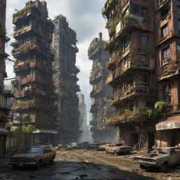 Envision a once majestic mechanicpunk city, 300,000 years later. Buildings trembling on the brink of collapse, slowly surrendering to the relentless embrace of nature. A fusion of decaying mechanisms, crumbling infrastructure and a thriving ecosystem paints a scene of a dramatic time transition.