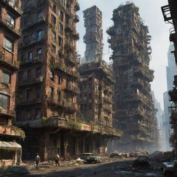 Envision a once majestic mechanicpunk city, 300,000 years later. Buildings trembling on the brink of collapse, slowly surrendering to the relentless embrace of nature. A fusion of decaying mechanisms, crumbling infrastructure and a thriving ecosystem paints a scene of a dramatic time transition.