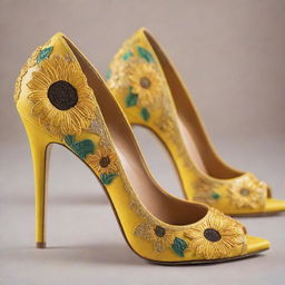 A pair of glamorous high heels adorned with intricate sunflower designs, radiating the vibe of a vibrant summer's day.