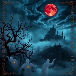 A dark fantasy banner featuring a haunting and mystical landscape, shrouded in mist and shadows