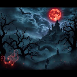 A dark fantasy banner featuring a haunting and mystical landscape, shrouded in mist and shadows