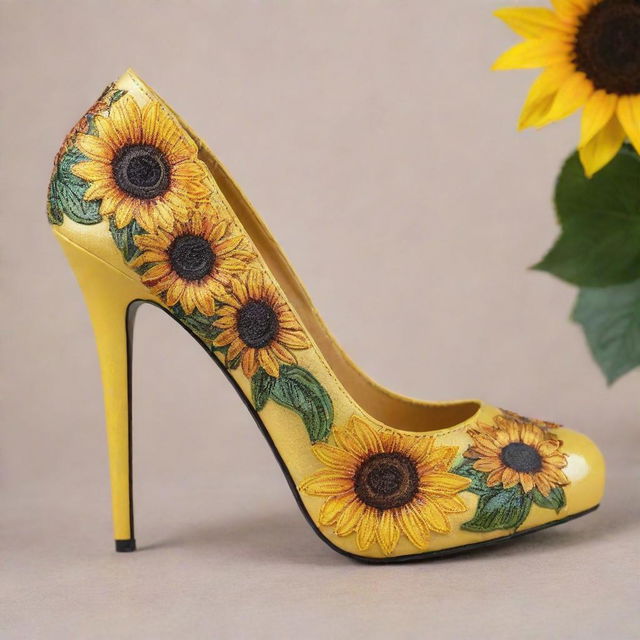 A pair of glamorous high heels adorned with intricate sunflower designs, radiating the vibe of a vibrant summer's day.