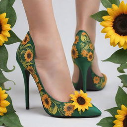 High heels intricately adorned with a vibrant sunflower design, intertwined with lush, green vines.