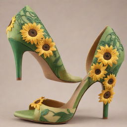 High heels intricately adorned with a vibrant sunflower design, intertwined with lush, green vines.