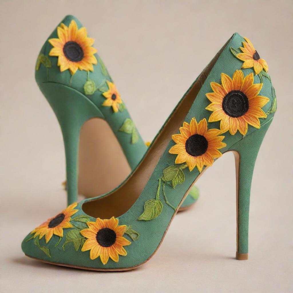 High heels intricately adorned with a vibrant sunflower design, intertwined with lush, green vines.