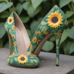 High heels intricately adorned with a vibrant sunflower design, intertwined with lush, green vines.