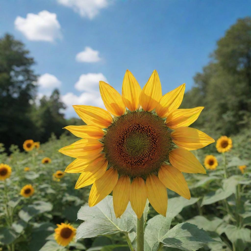 A vibrant sunflower shaped like a picturesque parasol amid lush greenery under a sunny sky