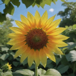 A vibrant sunflower shaped like a picturesque parasol amid lush greenery under a sunny sky