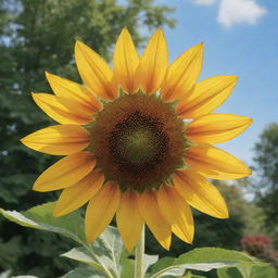 A vibrant sunflower shaped like a picturesque parasol amid lush greenery under a sunny sky