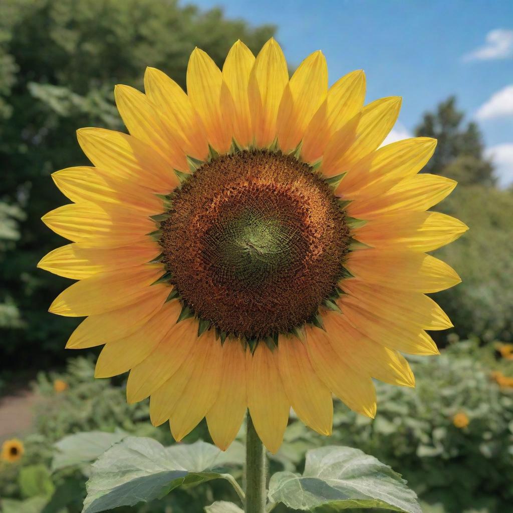 A vibrant sunflower shaped like a picturesque parasol amid lush greenery under a sunny sky