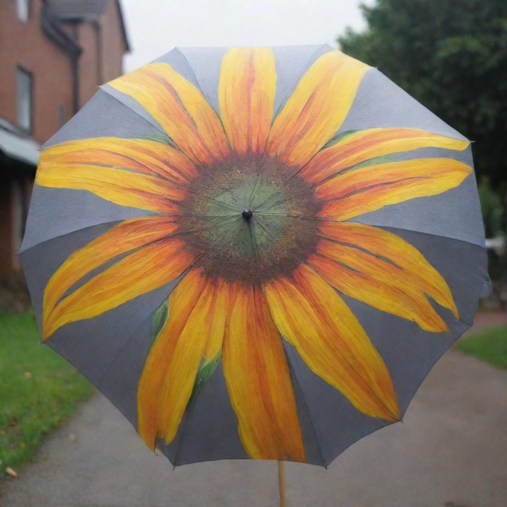 A rain umbrella painted with vibrant sunflower designs, spreading cheer even on a grey, rainy day.