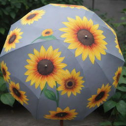 A rain umbrella painted with vibrant sunflower designs, spreading cheer even on a grey, rainy day.