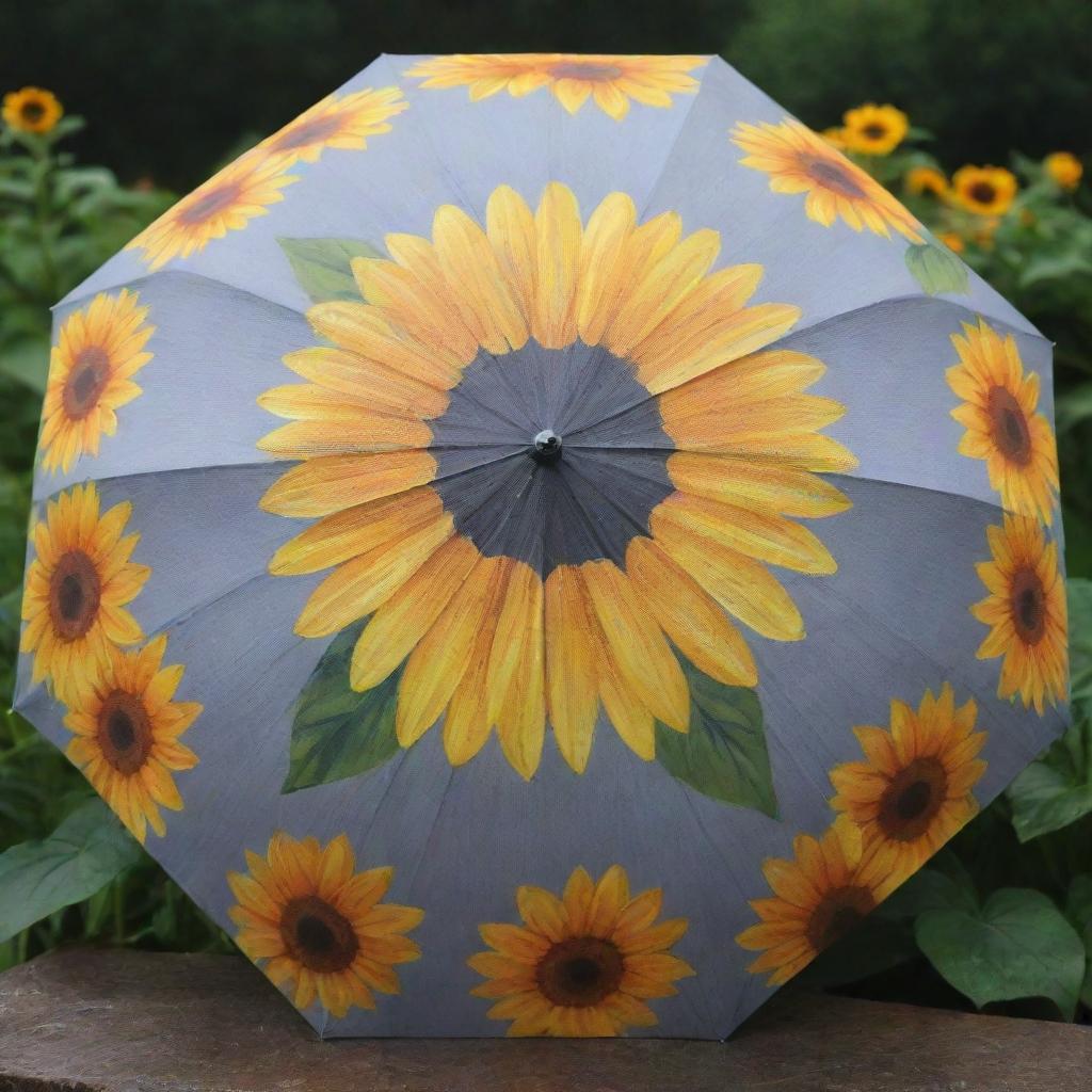 A rain umbrella painted with vibrant sunflower designs, spreading cheer even on a grey, rainy day.