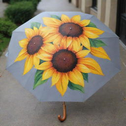 A rain umbrella painted with vibrant sunflower designs, spreading cheer even on a grey, rainy day.