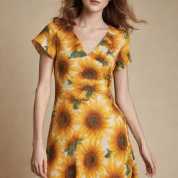 A vibrant, sunny dress fully covered with a pattern of blooming sunflowers. It is beautifully designed with a summer-inspired flair, flowing and flattering to the silhouette of the wearer.