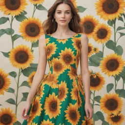 A vibrant, sunny dress fully covered with a pattern of blooming sunflowers. It is beautifully designed with a summer-inspired flair, flowing and flattering to the silhouette of the wearer.