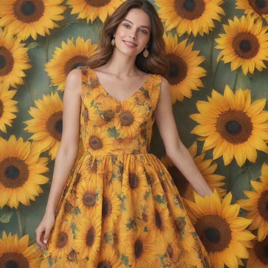 A vibrant, sunny dress fully covered with a pattern of blooming sunflowers. It is beautifully designed with a summer-inspired flair, flowing and flattering to the silhouette of the wearer.