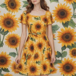 A vibrant, sunny dress fully covered with a pattern of blooming sunflowers. It is beautifully designed with a summer-inspired flair, flowing and flattering to the silhouette of the wearer.