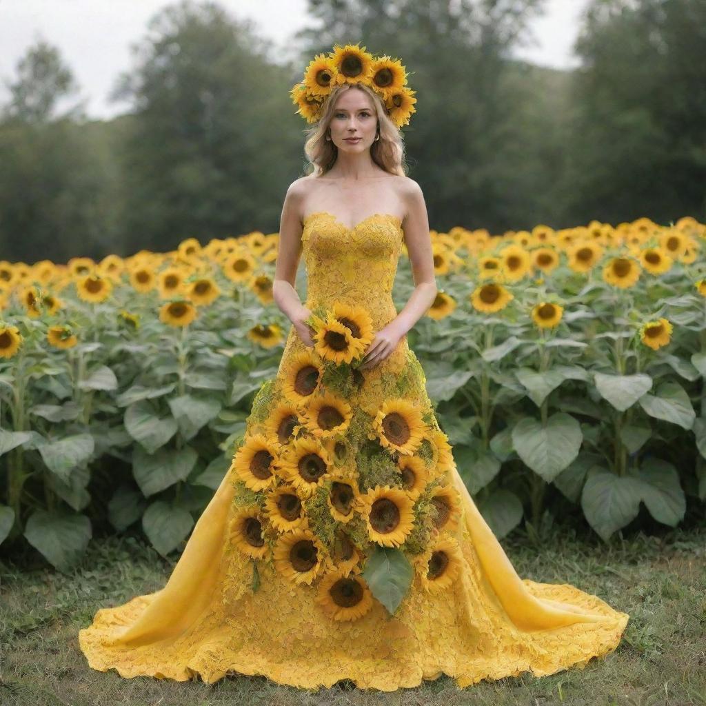 A stunning gown fashioned out of bright yellow sunflowers, with lush green leaves forming the trim and a sunflower headpiece to match.