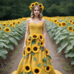 A stunning gown fashioned out of bright yellow sunflowers, with lush green leaves forming the trim and a sunflower headpiece to match.