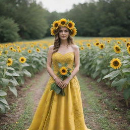 A stunning gown fashioned out of bright yellow sunflowers, with lush green leaves forming the trim and a sunflower headpiece to match.