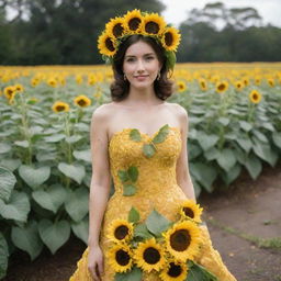 A stunning gown fashioned out of bright yellow sunflowers, with lush green leaves forming the trim and a sunflower headpiece to match.