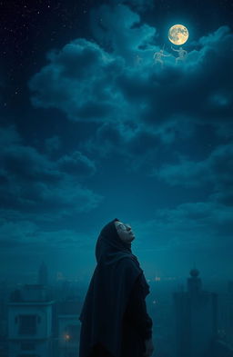 A mystical night scene depicting hidden battles in a dark blue sky, with a woman in a hijab gazing upwards with hope in her eyes