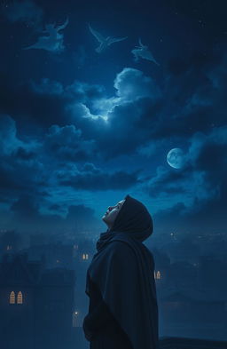 A mystical night scene depicting hidden battles in a dark blue sky, with a woman in a hijab gazing upwards with hope in her eyes